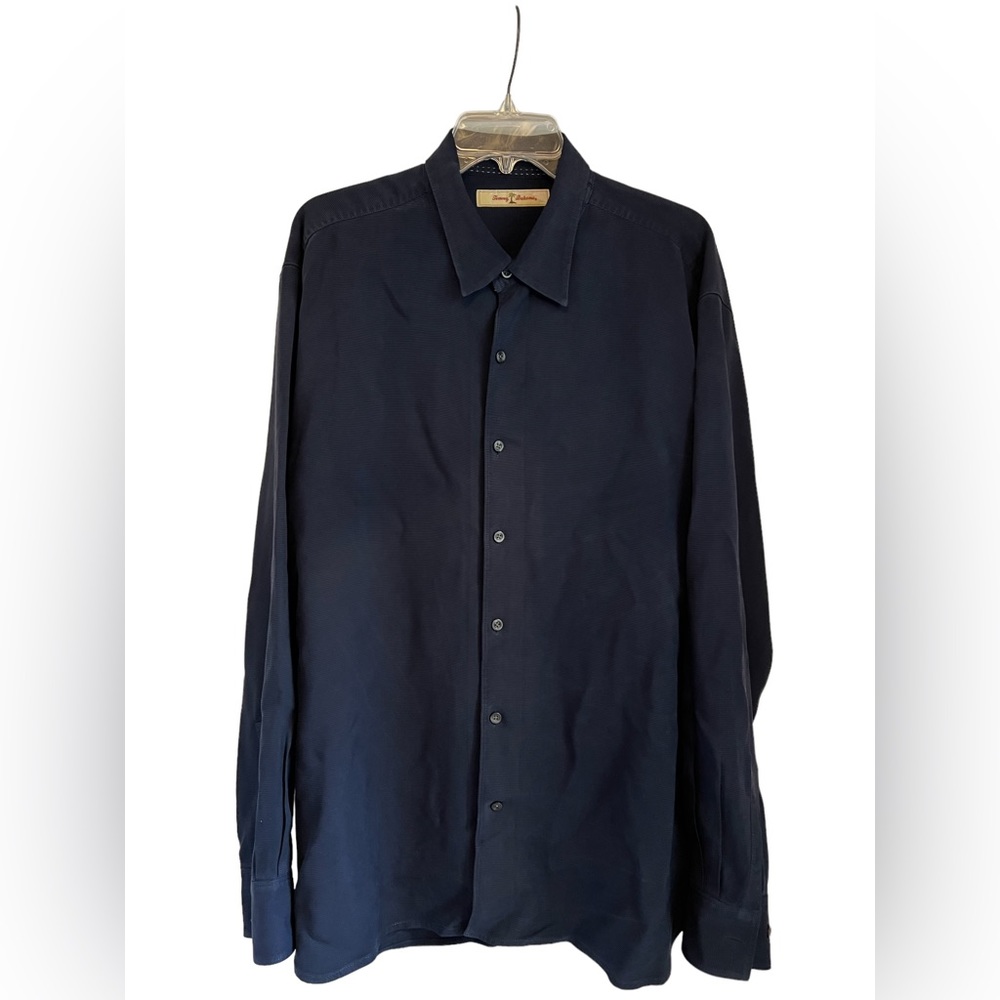 Tommy Bahama Navy Blue 100% Silk Long Sleeve Button Down Shirt XL
